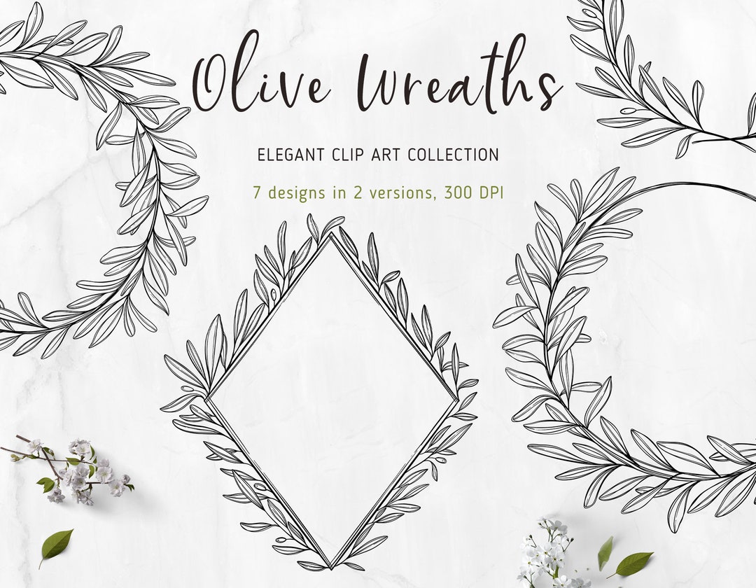 Olive Branch Lineart Clipart Digital Frames Wreath PNG - Etsy