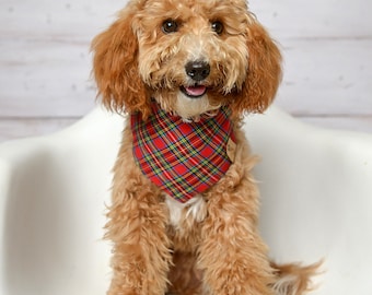 Dog Bandana, Red Plaid Bandana,  Cat Bandana, Snaps Dog Bandana, Dog Tie Bandana, Christmas Bandana, Over the Collar Bandana