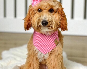 Pañuelos para perros a cuadros vichy, pañuelo rosa para perros a cuadros vichy, pañuelo para perros con lazo, pañuelo rosa a cuadros para perros, pañuelo con broche, pañuelo para el collar, bufanda para perros