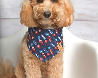 Dog Bandanas, Fireworks Dog Bandana, Patriotic Dog Bandana, Dog Tie Bandana, Dog Bandana with Snaps, Over the Collar Dog Bandana