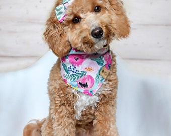 Floral Dog Bandanas, Bali Dog Bandana, Tie Dog Bandana, Cat Bandana, Snap On Bandana, Over the Collar Bandana,  Floral Dog Bandana