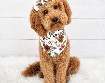Mauve Floral Dog Bandana, Personalized Puppy Floral Scarf, Matching Hair Bow, Tie On Snap On Over the Collar