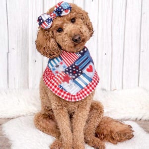 以下が含まれることがあります： カールしたゴールデンブラウンの毛並みの犬が、愛国的なバンダナとそれとお揃いのヘアリボンを身につけています。バンダナは赤、白、青のパッチワークデザインで、星、ストライプ、ハートの模様があしらわれています。リボンも同様のプリントが施されています。