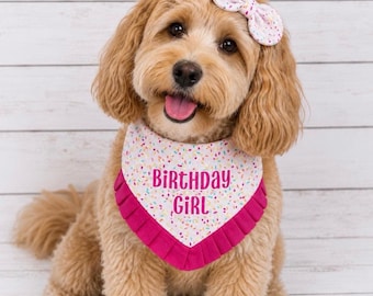 Birthday Girl Dog Bandana with Ruffles, Personalized Cotton Scarf for Puppies