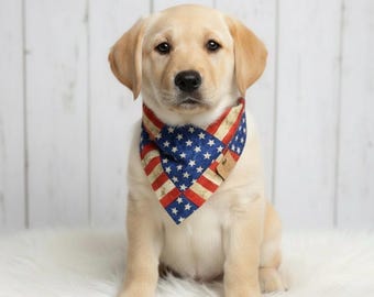 Dog Bandanas, Stars and Stripes Dog Bandana, Patriotic Dog Bandana, Dog Tie Bandana, Dog Bandana with Snaps, Over the Collar Dog Bandana
