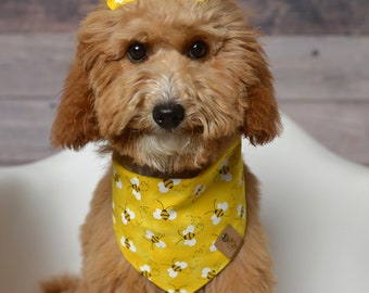 Dog Bandana, Bees Bandana, Tie on Dog Bandana, Cat Bandana, Fabric Bandana, Yellow Dog Bandana, Over the Collar Bandana