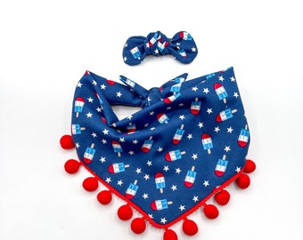 Bandana per cani Pom Pom del 4 luglio, Bandana per cani American Popsicles, Bandana per cani con cravatta, Bandana a scatto, Bandana sopra il colletto