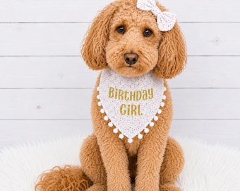 Pom Pom Gold Birthday Girl Dog Bandana, Personalized Dog Sprinkle Birthday Scarf, Puppy Birthday Outfit for Dogs