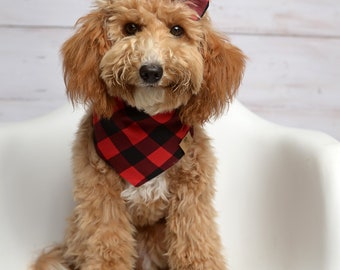 Checkmate Dog Bandanas, Red Check Bandana, Dog Tie Bandana, Red Buffalo Plaid Dog Bandana, Over the Collar Bandana, Snap bandana