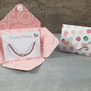 Schönes Geschenk Armband Danke Mama Karte mit Spruch zum Geburtstag Dankeschön Perlen Lila und Karte Rosa mit Punkten