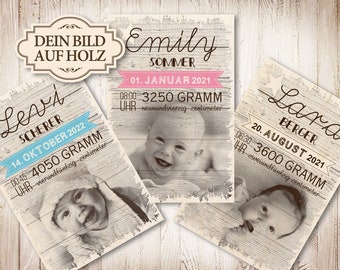 Junge oder Mädchen personalisiertes Holzbild als Geschenk zur Geburt oder Taufe als Geburtsanzeige Geburtsdaten Geburtsbild Baby