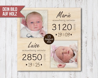 Birth table twins - wooden plate with baby photo and birth dates - gift personalized for birth - photos babies - photo ideas twins