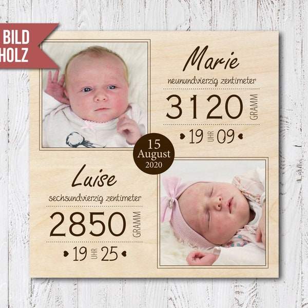 Geburtstafel Zwillinge - Holzplatte mit Babyfoto und Geburtsdaten - Geschenk zur Geburt personalisiert - Fotos Babys - Fotoideen Zwillinge