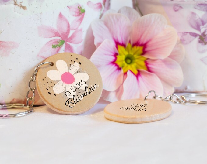 Lucky Flower - Wooden Keychain with Flower - Lucky Charm, Talisman, Guardian Angel - Personal message on the back possible