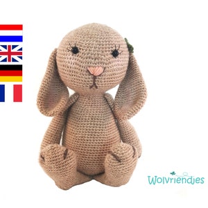 Op de afbeelding: Een gehaakt bruin konijn met een roze neus en zwarte ogen. Het konijn heeft een groene bloem op zijn kop.