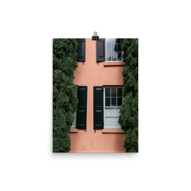 May include: A peach-colored building with two windows and black shutters. The windows have white trim and white panes. The building is surrounded by green bushes.