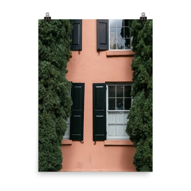 May include: A peach-colored building with two sets of black shutters and windows. The building is flanked by two large green bushes.