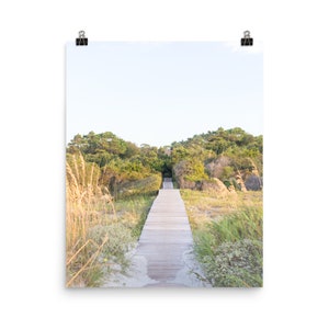 May include: A wooden walkway leads through a grassy area with trees in the background. The walkway is made of light brown wood and is surrounded by green grass and sand.