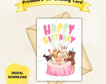 Happy Birthday Animal Party Watercolor Printable 5x7 Greeting Card