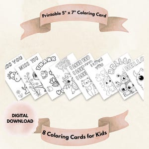 Juego de 8 tarjetas de felicitación para colorear, imprimibles y de descarga digital (5x7) para niños