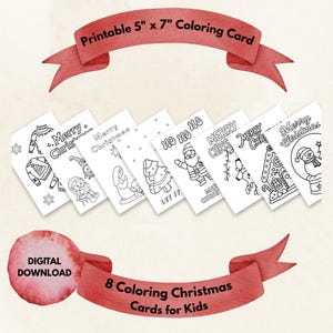 Può includere: Un set di otto cartoline di Natale da colorare stampabili da 12,7 cm x 17,8 cm con disegni a linee bianche e nere che includono un pupazzo di neve, una casa di pan di zenzero, Babbo Natale e maglioni. Il testo include Merry Christmas e Ho Ho Ho.