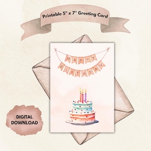 Happy Birthday Cake Watercolor Printable 5x7 Greeting Card