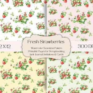 Fragole fresche, 4 pagine stampabili con motivo acquerello senza soluzione di continuità per scrapbooking, inviti, diario di scarto, inviti e biglietti