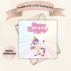 Cartão de felicitações quadrado para impressão de unicórnio Dabbing de feliz aniversário, 4,75 x 4,75