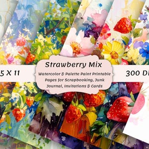 Aquarelle aux fraises et mélange de palettes de 7 pages imprimables pour le scrapbooking, les invitations, le journal indésirable, les invitations et les cartes