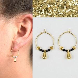 Mini hoop earrings with drops and miyuki beads gilded with fine gold, minimalist style, color of your choice for women