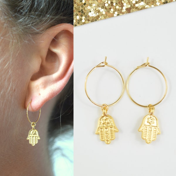 Hand of Fatma Hamsa hoop earrings gilded with fine gold for good luck protection boho chic