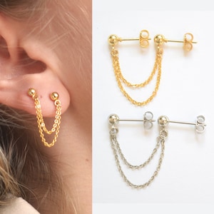 2 hole earring double fine chain double piercing lobe gilded with fine gold silver minimalist style