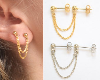 Earring 2 holes double chain fine double piercing lobe gilded with fine gold silver minimalist style