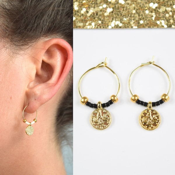 Mini créoles perles miyuki et pendentif pièce monnaie ottomane style bohème doré à l'or fin 24 carats pour femmes