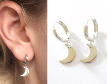 Thick hoop earrings with silver-plated moon pendant, unisex minimalist celestial style