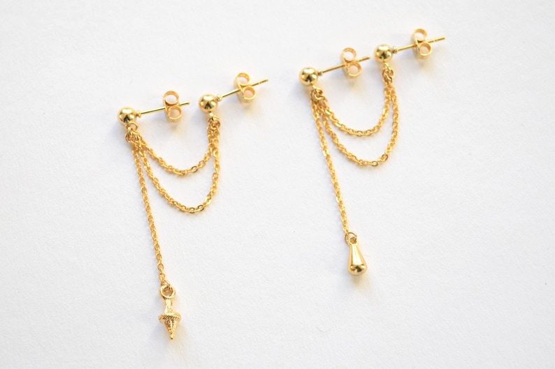Boucles d'oreilles 2 trous chaîne fine pendante double piercing lobe