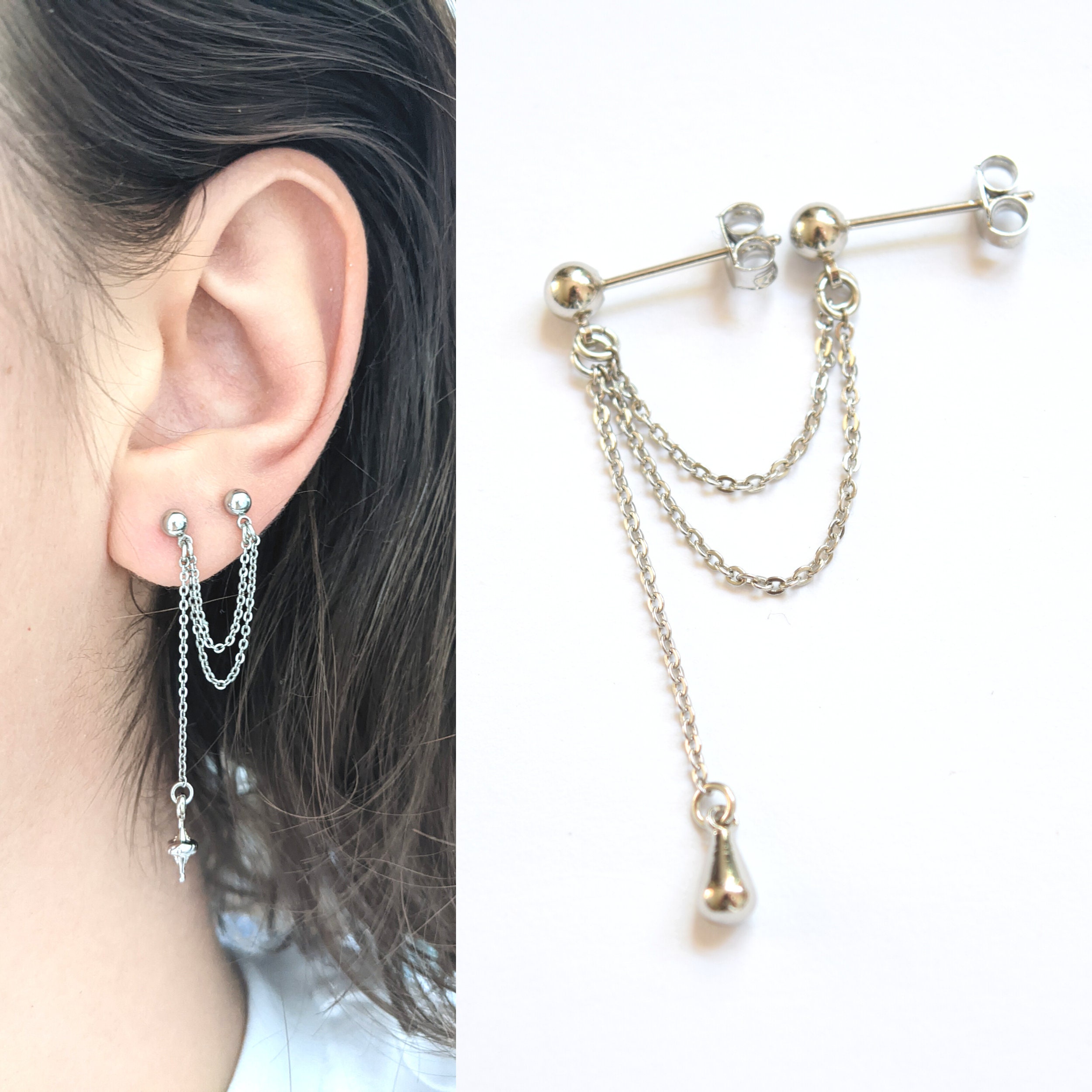 2 Hole Silver Rhodium Plated Earrings Thin Dangling Chain - Etsy
