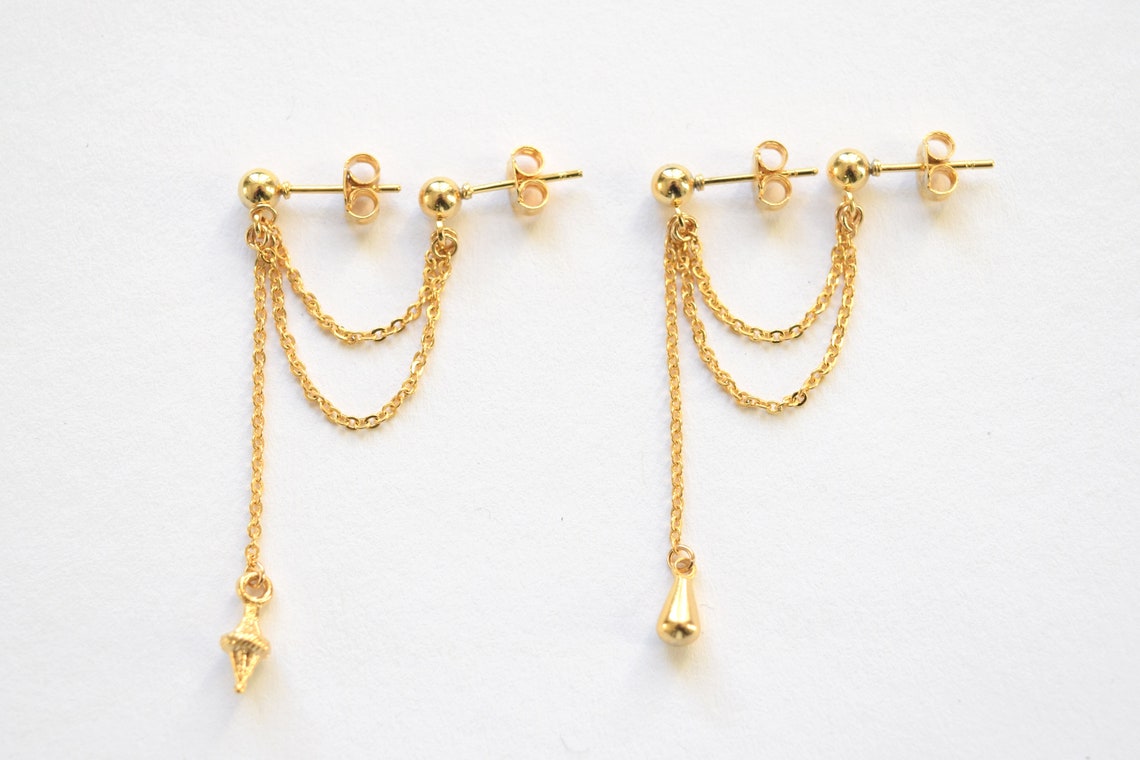 Boucles d'oreilles 2 trous chaîne fine pendante double piercing lobe