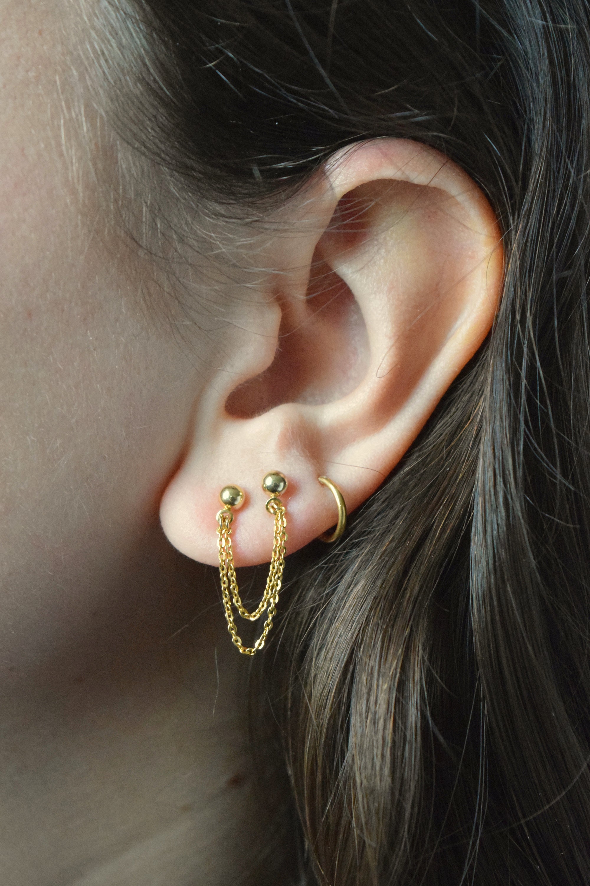 2-hole Earring Double Fine Chain Double Lobe Piercing Gold