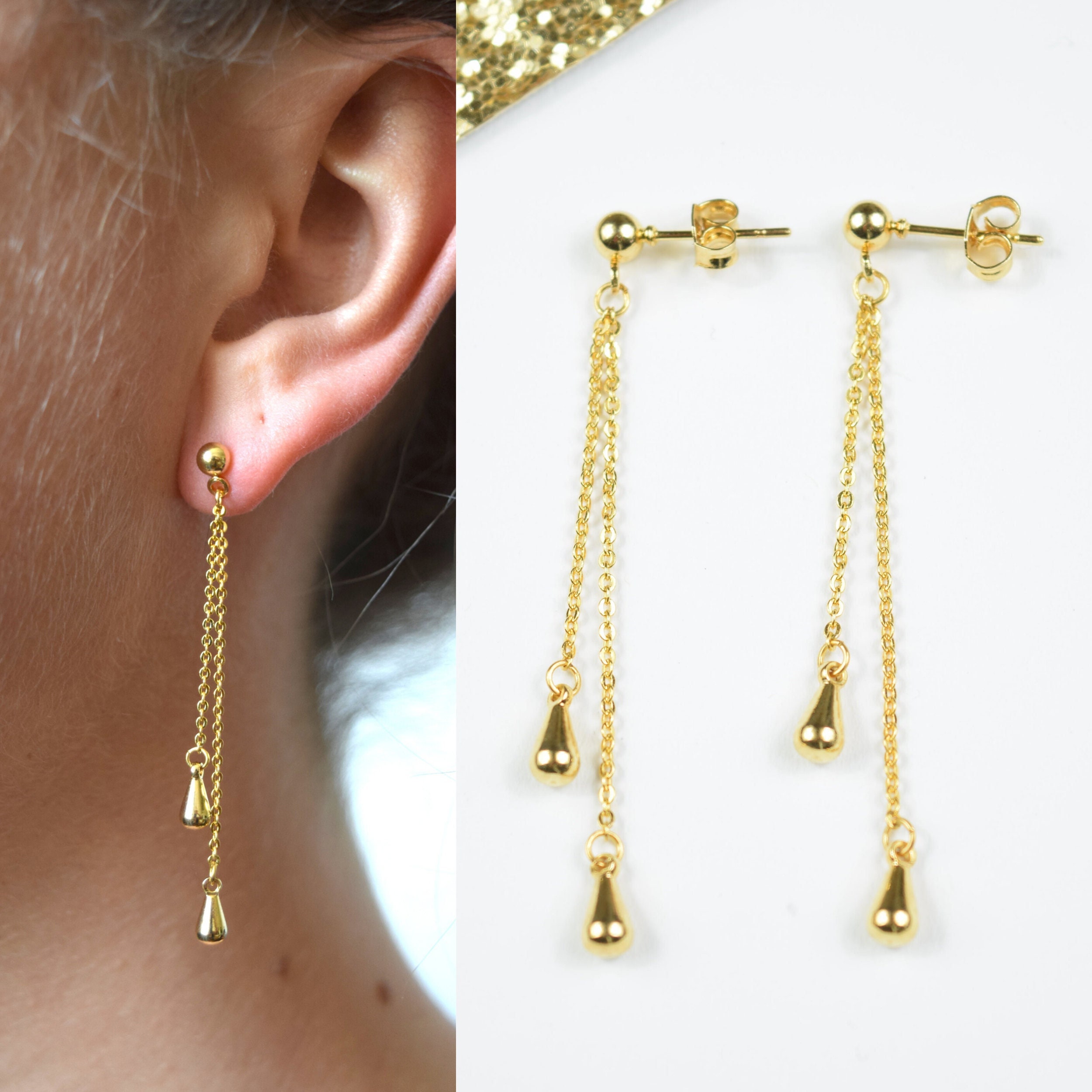 Chain Hanging Designer Drops Earrings with Flower Stud - JIMIKKI