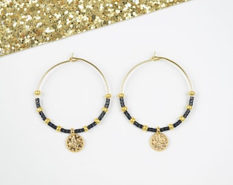 Large Miyuki pearl hoop earrings and gold-plated coin pendant, boho chic style, color of your choice for women