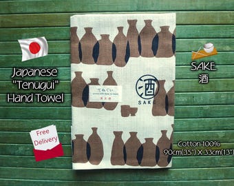 Japanese Tenugui Hand Towel, Sake Print, Cotton Fabric