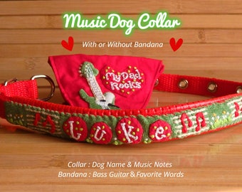 Collier de chien de musique, collier de nom de chien, My Dad Rocks, Dog Bandana, Collier de chien personnalisé, Collier de chien avec Bandana, Collier de chien de guitare, ID de chien