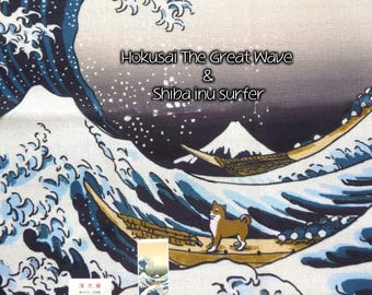 Japanese Tenugui Towel, Shiba Inu & Great Wave Art