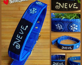 Personalized Dog Collar, Blue Belt Style with Snowflake Embroidery