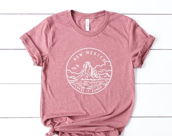 May include: A dusty rose t-shirt with a white graphic of a mountain landscape inside a circle. The text "NEW MEXICO" arches above the mountain, and "CRESCIT EUNDO" is below. The shirt is made of soft material.