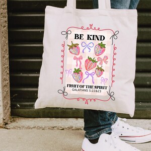 Be Kind Fruit of Spirit Tote bag, Christian Tote Bag, Religious gift Women Bags, Homeschool Totes, Boho Bible Verse Bag, Reusable Faith Bags