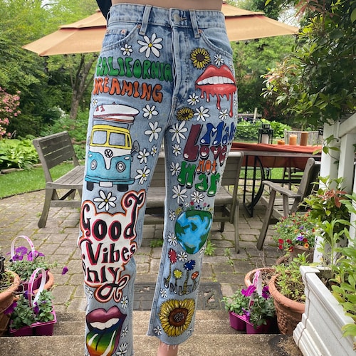 Hand Painted Retro Themed Jeans - Etsy