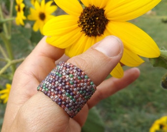 Beaded mosaic ring in WatermelonGrape