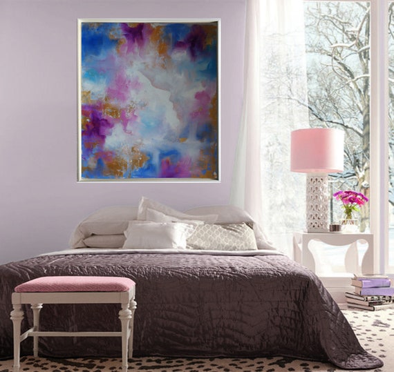 Oversize Abstract Art Painting On Canvas Coral Salmon Pink Blue Gold Officeroom Painting Home Decor Original Hand Painted Art Diningroom Art